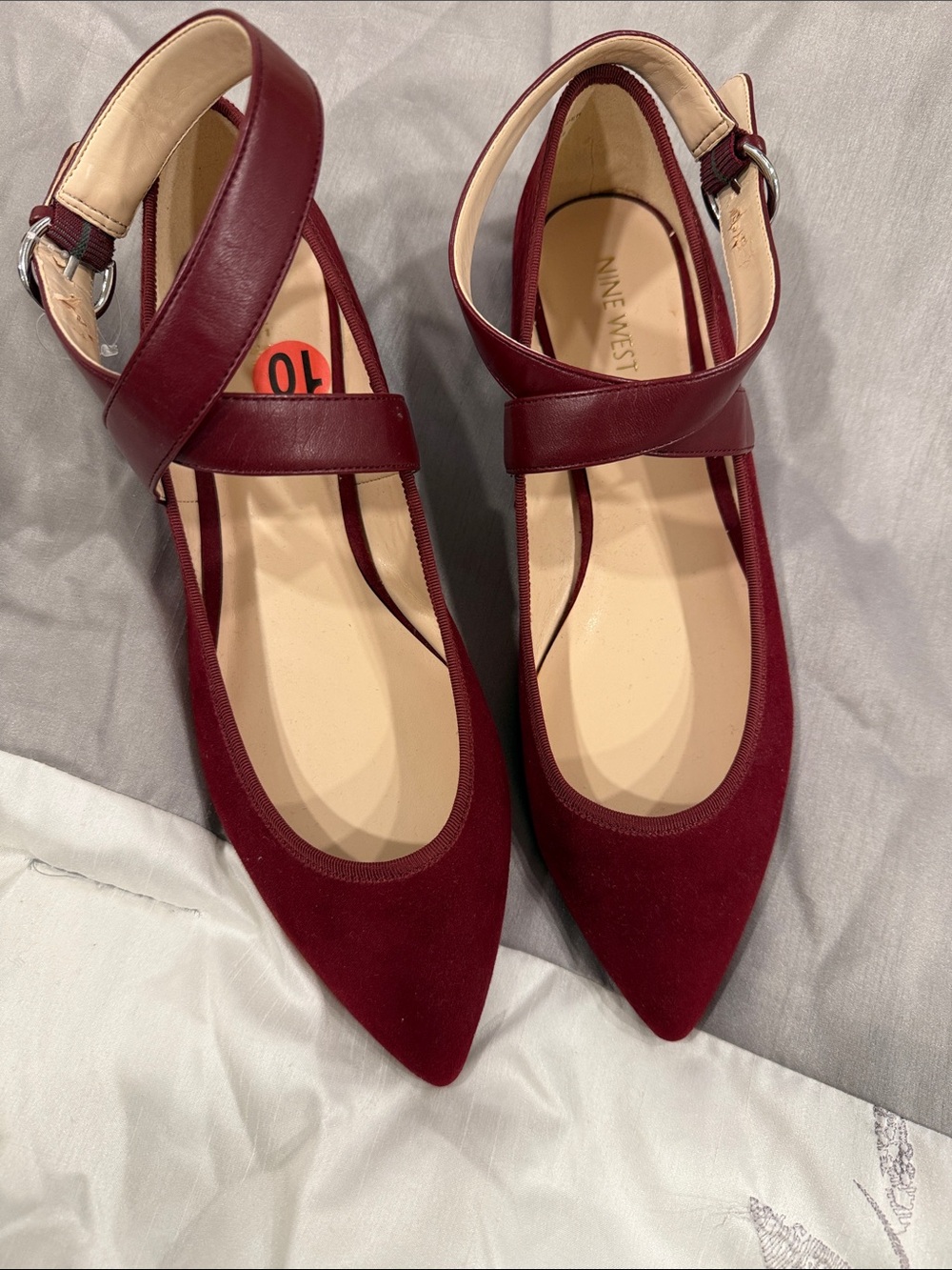 Nine West Burgundy Pointed Mary-Jane Flats with Ankle Strap